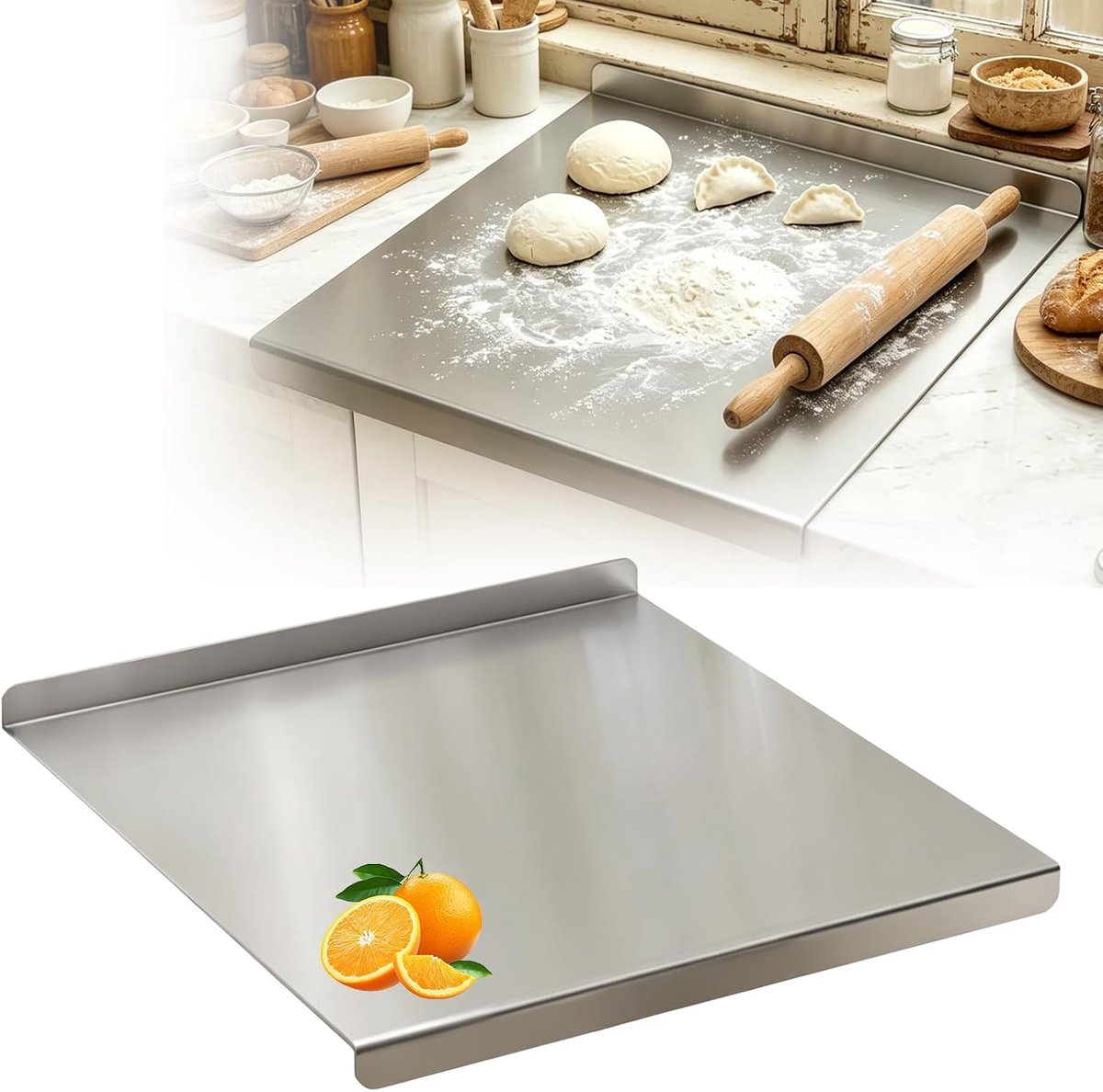 Snijplank 40 x 30 cm, 1,5 cm dik, kneedplank inox voor keuken, roestvrij staal werkblad met aanslagrand, snijplank voor het snijden van vlees en groenten