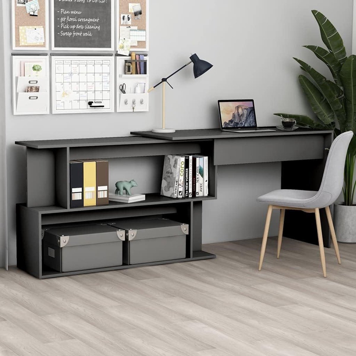 Grijs, 200 x 50 x 76 cm, draaibaar houtmateriaal, computertafel met open vakken, modern bureau voor werkkamer en kantoor, ruimtebesparende consoletafel