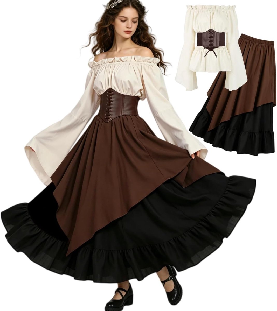 Kleding voor dames, set van 5 stuks, retro off-shoulder blouse, jurk, renaissance kostuum, Victoriaanse kleding, maxi-jurk met korset, riemtas, riem, carnavalskostuum
