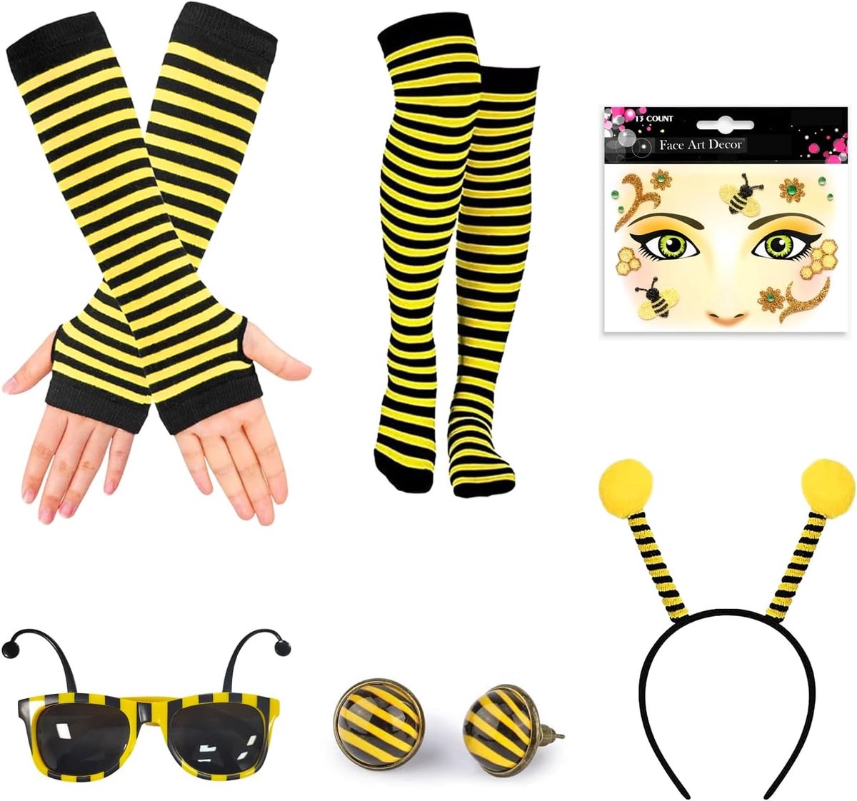 6 stuks accessoires voor bijenkostuums volwassenen bijenkostuum haarband bijentatoeages met bijengezicht vingerloze handschoenen bij en gestreepte kous voor carnaval, Halloween, cosplay