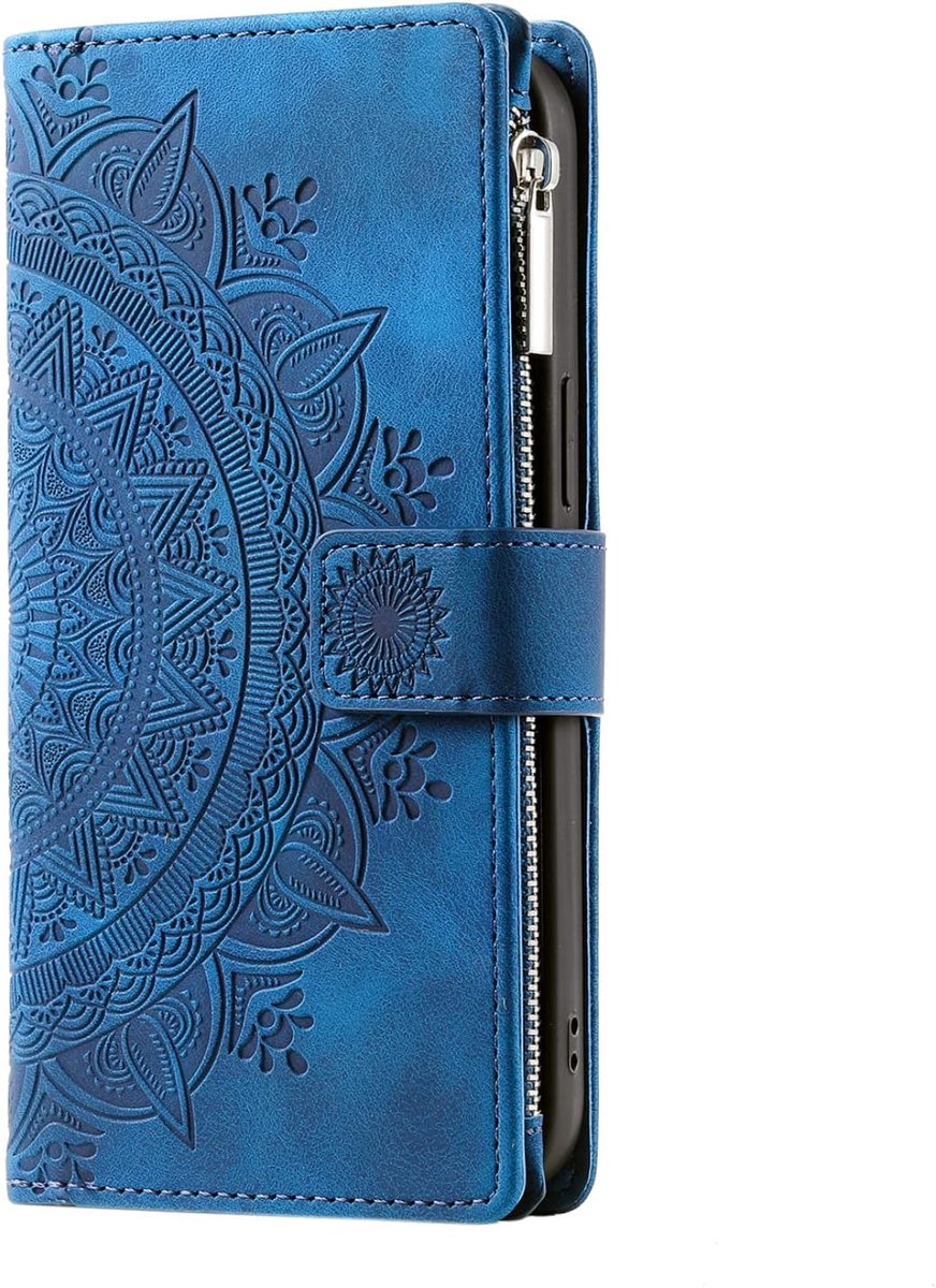 Portemonnee-hoesje voor Apple iPhone 17, beschermend, leren foliohoesje met kaartsleuven, standaard en ritsvak, blauw