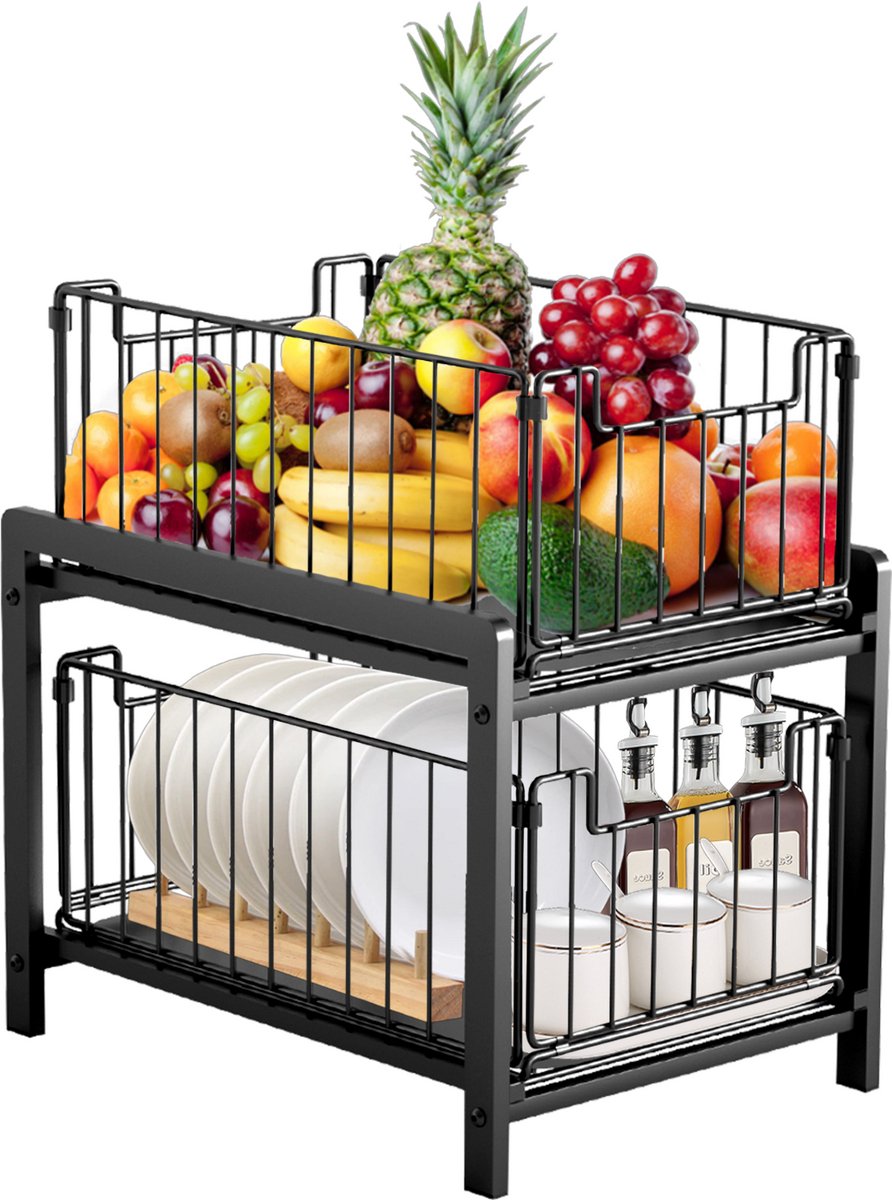 PIPIPOXER Gootsteenkast Organizer - Keukenkast organizer - Gootsteenrek – Dubbellaags Opbergrek – Schuiflades - Kast Organizer - Badkamer organizer - Lade - Zwart