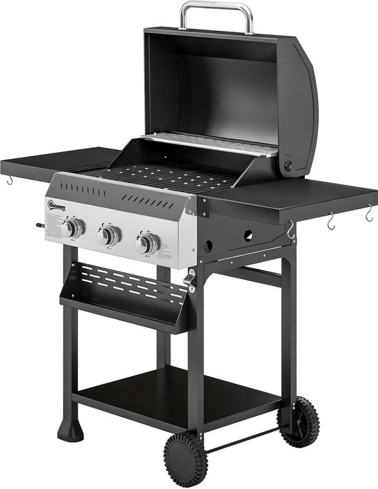 Gasbarbecue 9 kW met 3 branders-roestvrijstalen barbecuewagen-inclusief inklapbaar bijzettafeltje-kruidenhouder-onderste plank en 6 haken. — afbeelding 2