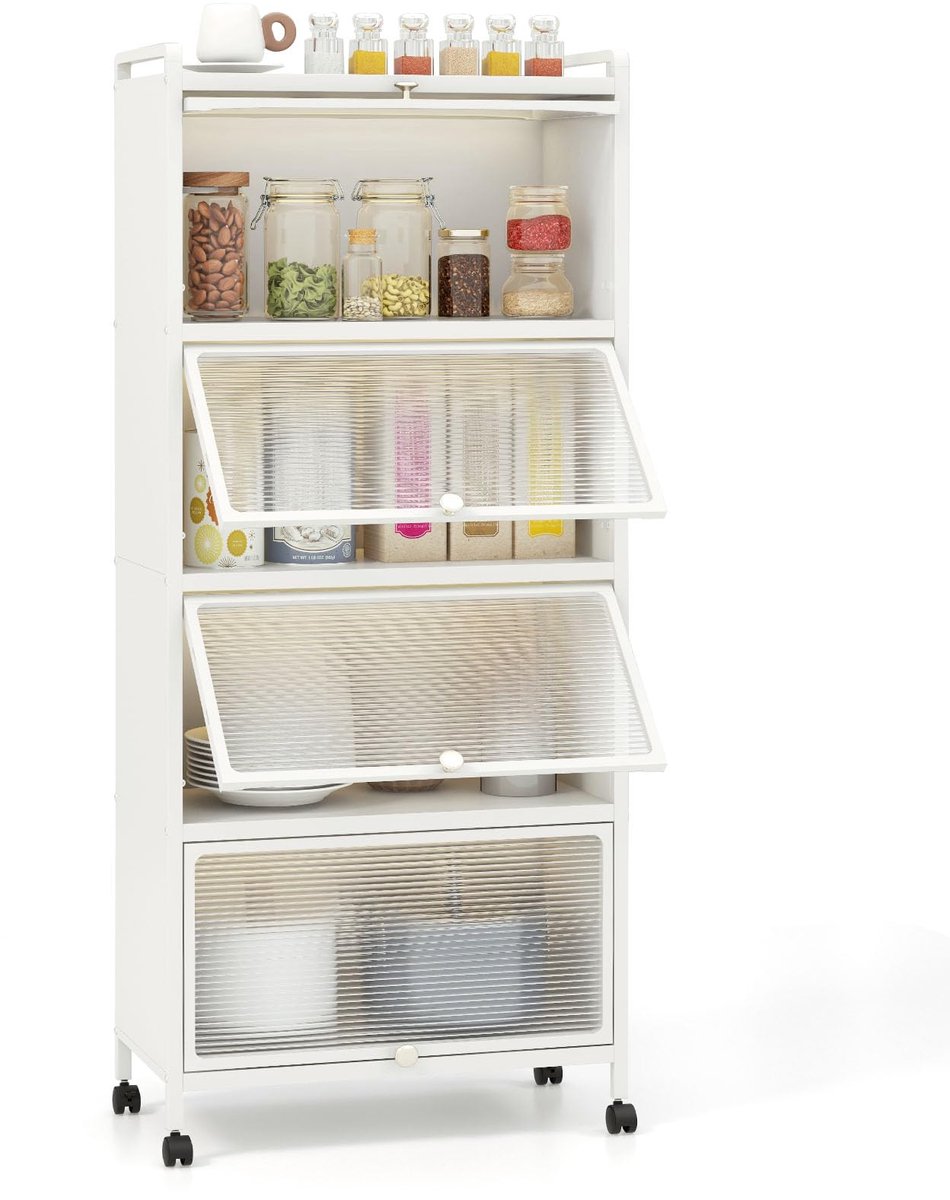 COSTWAY Keukenkast, hoog, keukenrek met wieltjes, 5 niveaus, magnetronstandaard met opklapbare pc-deuren en kantelbeveiliging, staand rek, hoge kast, voor keuken, eetkamer, woonkamer (wit)