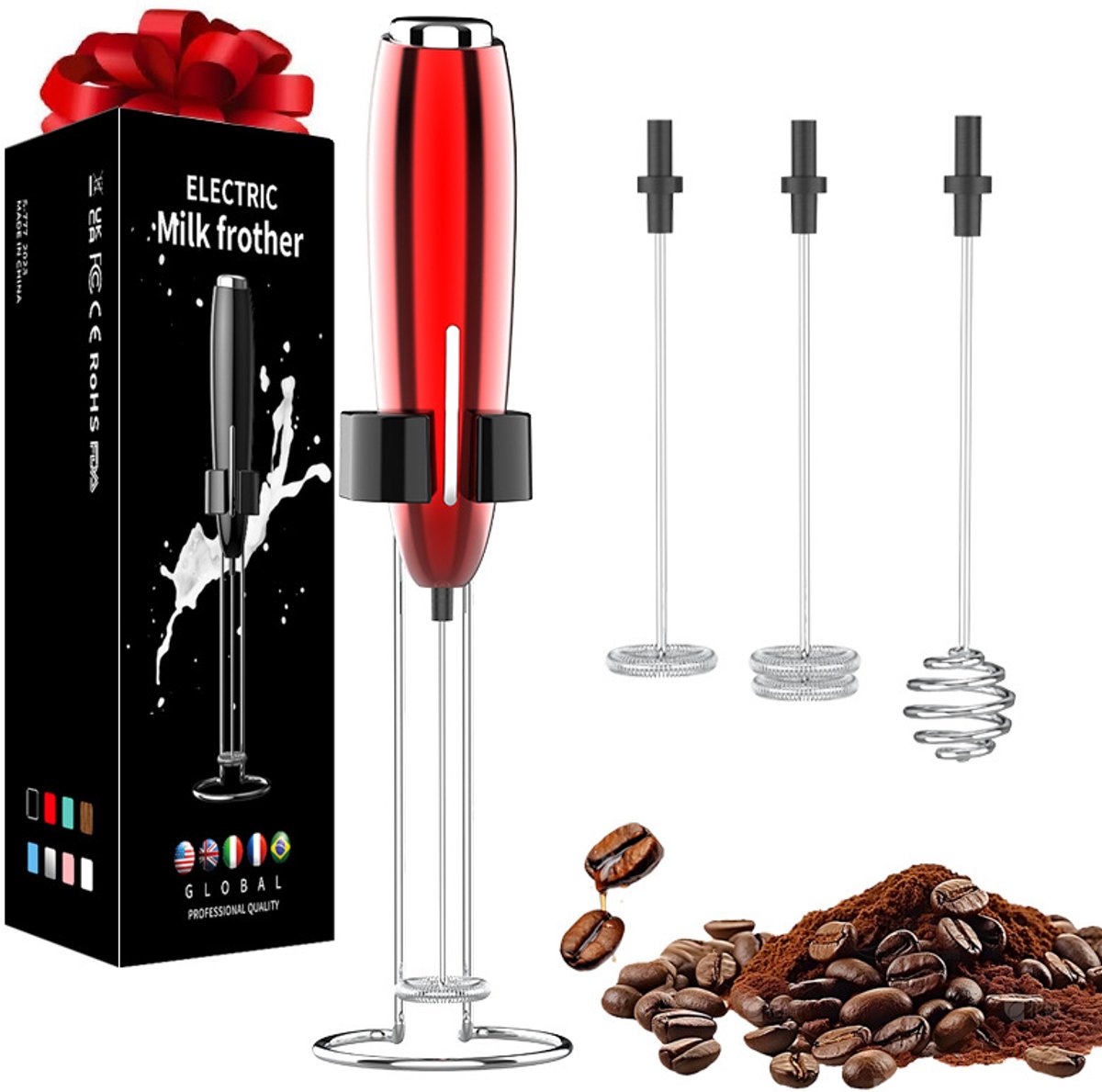 Rode elektrische melkopschuimer - 3 opzetstukken en standaard, draadloze mini mixer voor koffie, eiwit en milkshakes, zonder batterij