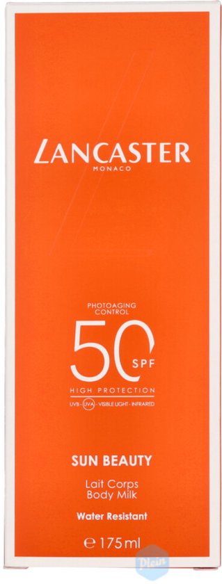 Oranje verpakking van Lancaster Sun Beauty Lait Corps Body Milk SPF50, met de tekst 'HIGH PROTECTION' en 'Water Resistant'.