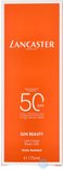 Oranje verpakking van Lancaster Sun Beauty Lait Corps Body Milk SPF50, met de tekst 'HIGH PROTECTION' en 'Water Resistant'.