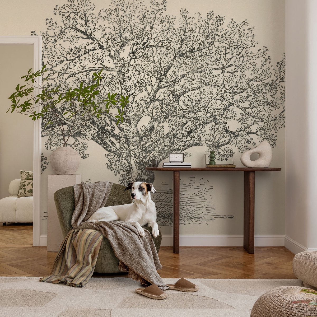 Coloray Vliesbehang - Zwart-Wit Snellijm Behang - 104x70 cm - Boomillustratie Muurschildering - Slaapkamer behang Bloemen En Planten - Fotobehang Vlies - Slaapkamer behang