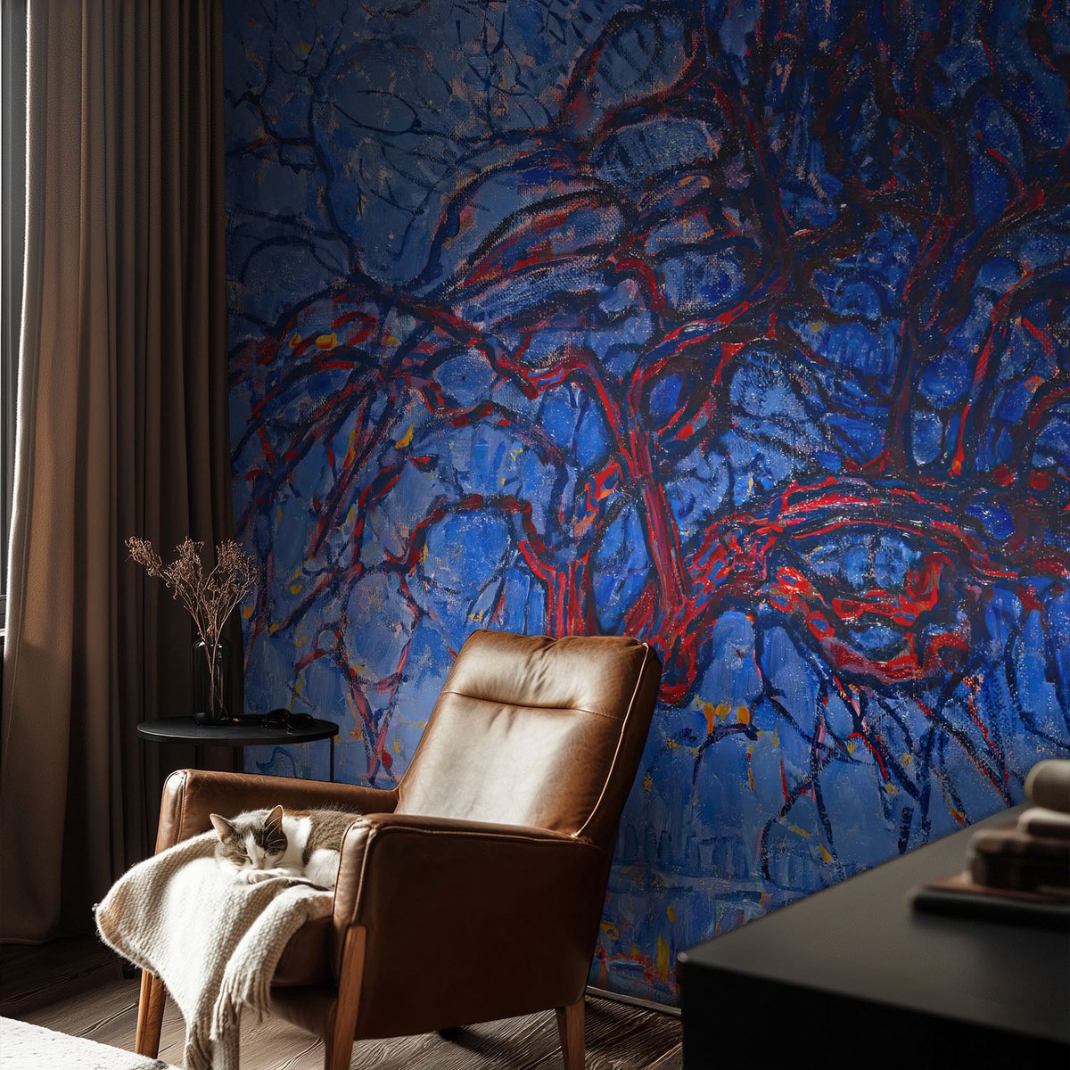 Coloray Vliesbehang - Blauw Snellijm Behang - 104x70 cm - Vlammenboom Muurschildering - Gang behang Deel - Fotobehang Vlies - Slaapkamer behang