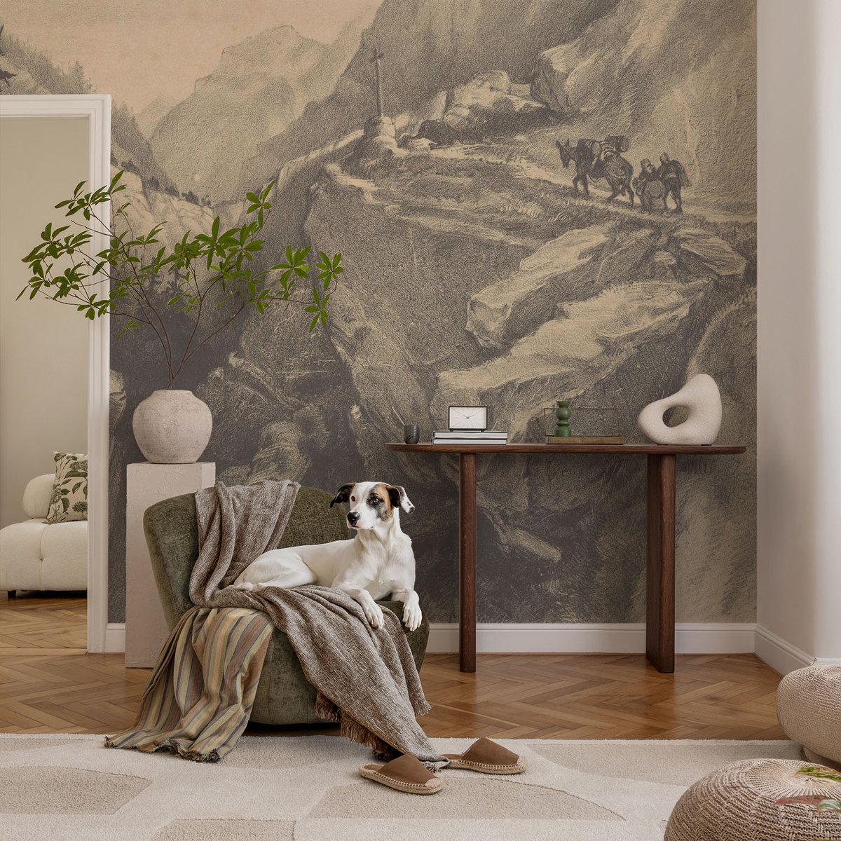 Coloray Vliesbehang - Grijs Snellijm Behang - 104x70 cm - Schilderachtige Bergen Fotobehang Vlies - Woonkamer behang Landschappen - Muurschildering - Hal behang