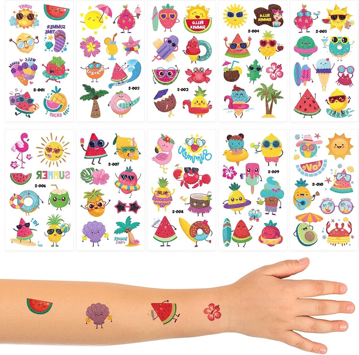 10 vellen tatoeages voor kinderen, zomerglitterdesign, kindertatoeages, huidvriendelijk en waterdicht, tijdelijke tattoo-stickers, plaktatoeages voor kinderverjaardag, cadeautjes, Hawaii-zwembadfeest