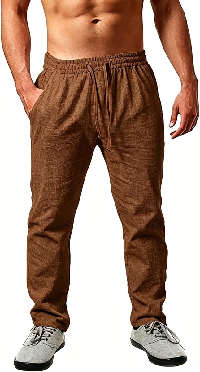 Linnen broek heren lange lichte zomerbroek losse fit vrijetijdsbroek met trekkoord zakken voor vakantie strand dagelijks gebruik