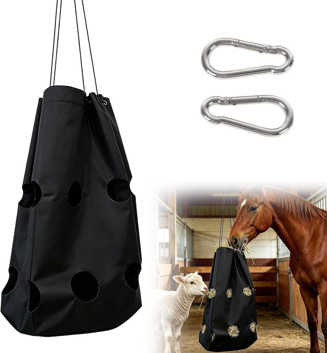 Hooizak, 88 liter, grote hooizak van Oxford-weefsel, voedertas met trekkoord, 69 x 40 cm, voor paard, ezel en geit, met 2 karabijnhaken om op te hangen, eenvoudig te vullen en te reinigen