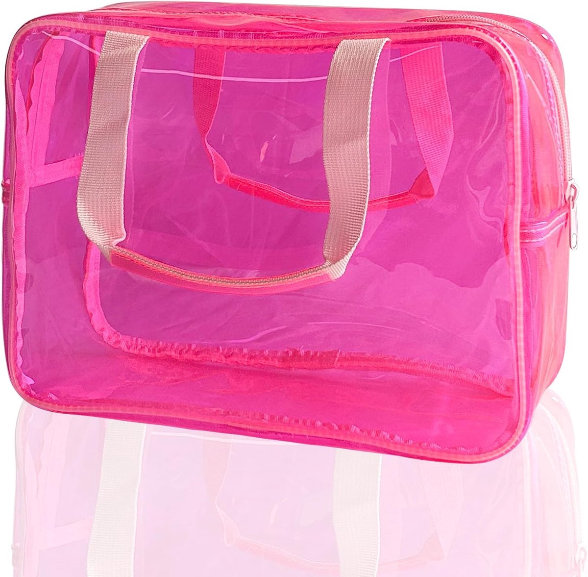 doorzichtige PVC make-up tas met handvat, 11,8" x 8,25" x 5,1", waterdichte reizen toilettas organizer voor reizen en badkamer, roze (hot pink), Modern design