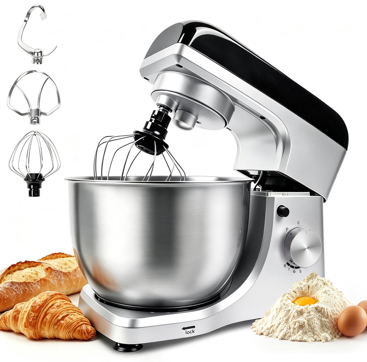 KITYTETY Keukenmixer 1000W - 5L Mengkom - 8 Snelheden - Pulse functie - Keukenmachine - Keukenrobot - Drie Opzetstukken - Zilver