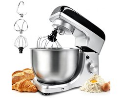 KITYTETY Keukenmixer 1000W - 5L Mengkom - 8 Snelheden - Pulse functie - Keukenmachine - Keukenrobot - Drie Opzetstukken - Zilver