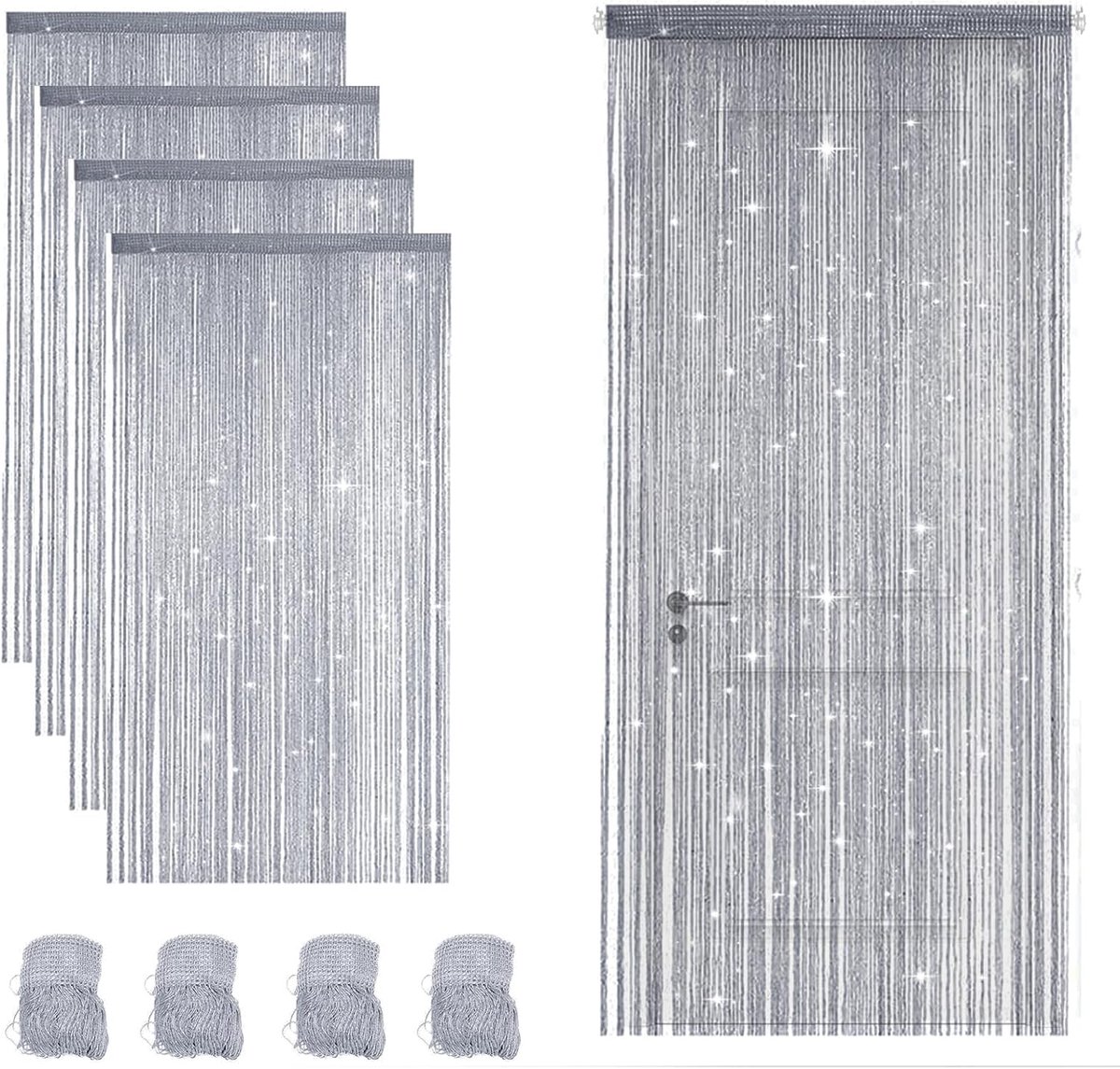 4 stuks draadgordijn, deurgordijn, 100 x 200 cm, glitter franjegordijn als ruimteverdeler en raamdecoratie, parelgordijn, deurdecoratie voor bruiloft, feest, huis, café en restaurant (zilvergrijs)