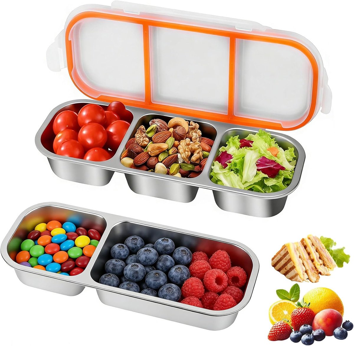 2 stuks snackhouders van roestvrij staal met vakken, draagbaar, herbruikbaar, voor snacks, salade, fruit, school, werk, camping, 600 ml, 700 ml, oranje