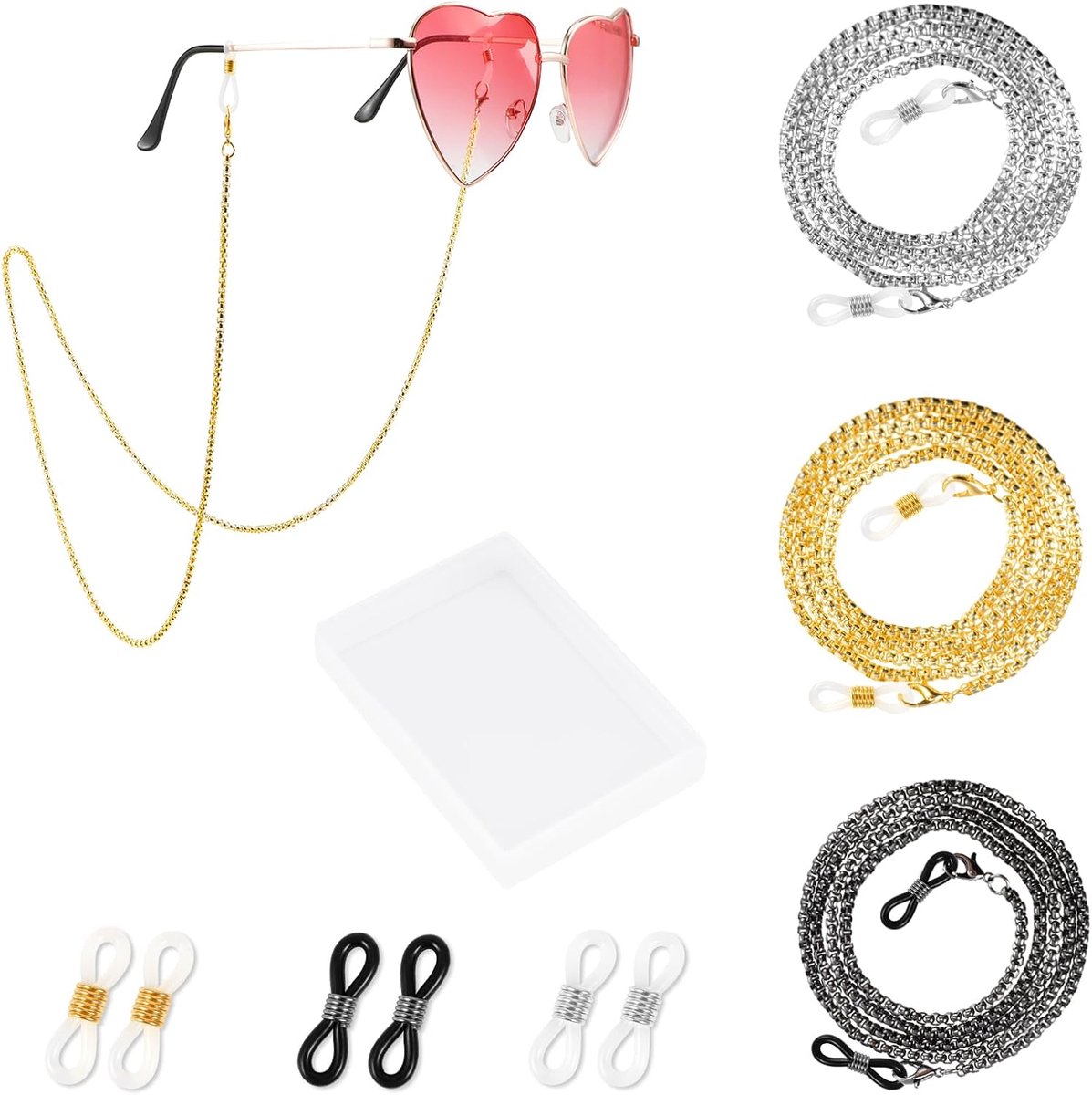 3 stuks brillenketting voor dames, metaal, antislip, brilbanden voor heren, leesketting, Meerkleurig., M