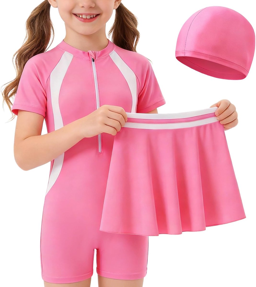 Meisjeszwempak met Rokje en Badmuts, 3-in-1 Sneldrogend Zwempak met Korte Mouwen voor Meisjes Zomer Strand Surfen Zwemmen Watersporten Zwemkleding voor Kinderen 4-12 Jaar