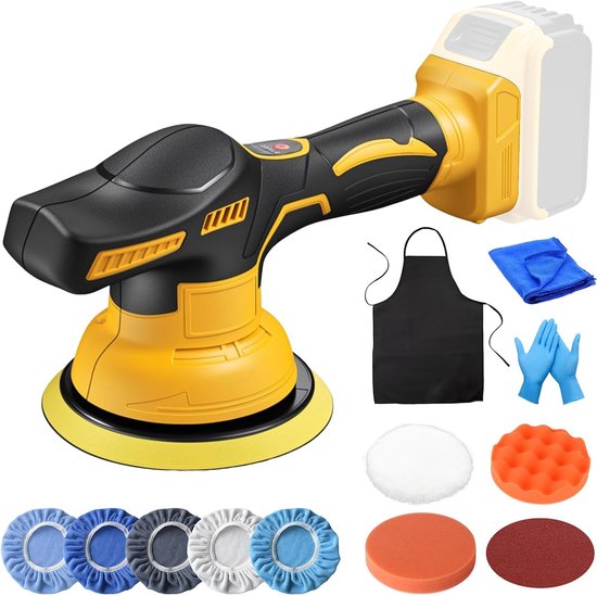 Geel-zwarte accuschuurmachine met schort, handschoenen, microvezeldoek en diverse polijstpads.