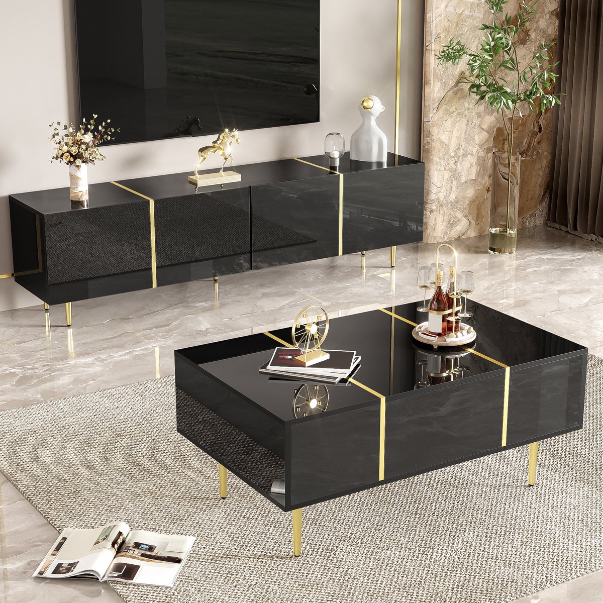 tv meubel en salontafel set Hoogglans Zwart-Goud 2-delig - 170 cm tv meubel en 100 cm salontafel - 4 deuren en 2 lades met soft-close - Robotstofzuiger-vriendelijk