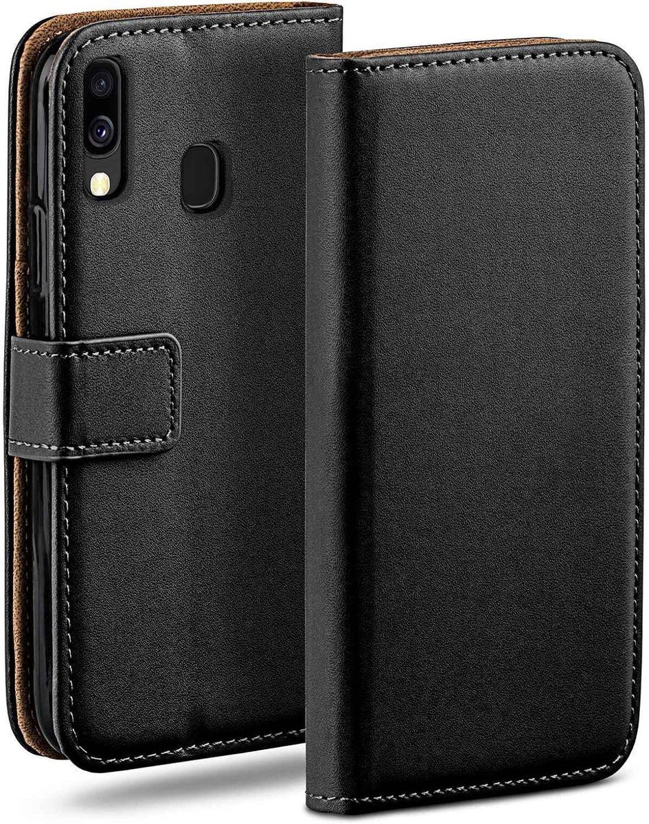 Moex Telefoonhoesje voor Samsung Galaxy A40, klaphoesje, hoesje met kaartsleuf, 360 graden flipcase, bookcover, veganistisch lederen telefoonhoesje, Diepzwart