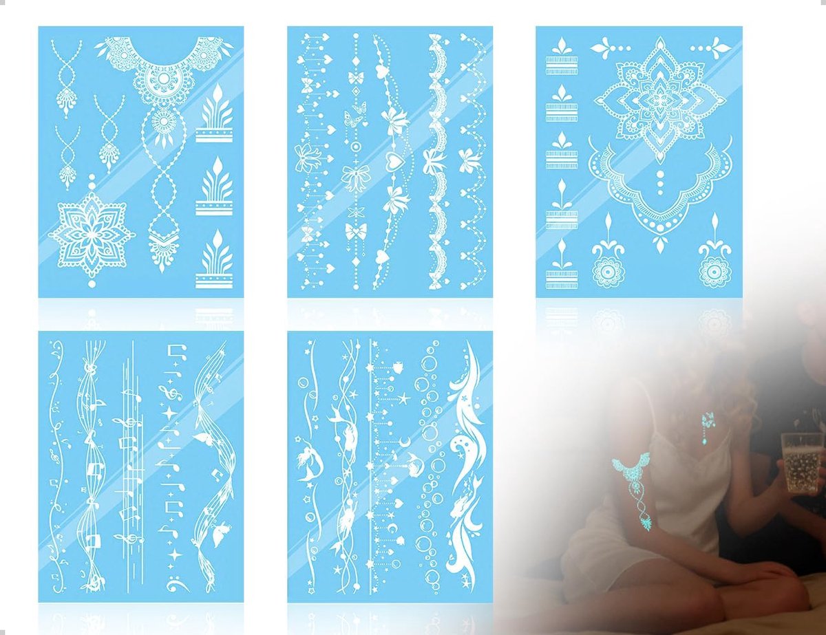 5 vellen blauwe in het donker lichtgevende tijdelijke tatoeages, waterdichte tijdelijke lichaamsstickers, lichaamsdecoraties voor feestjes, concerten, festivals