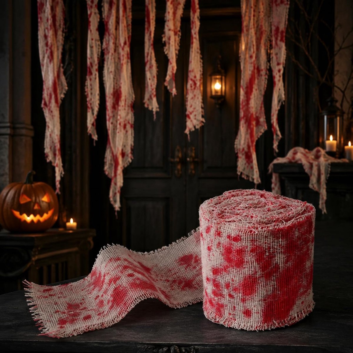 Decoratie Bloedig Verband 10m x 8cm, Griezelige Gaze Horror Halloween Versiering voor Trap, Spookhuis, Feest, Binnen & Buiten, Cosplay Momie Accessoire