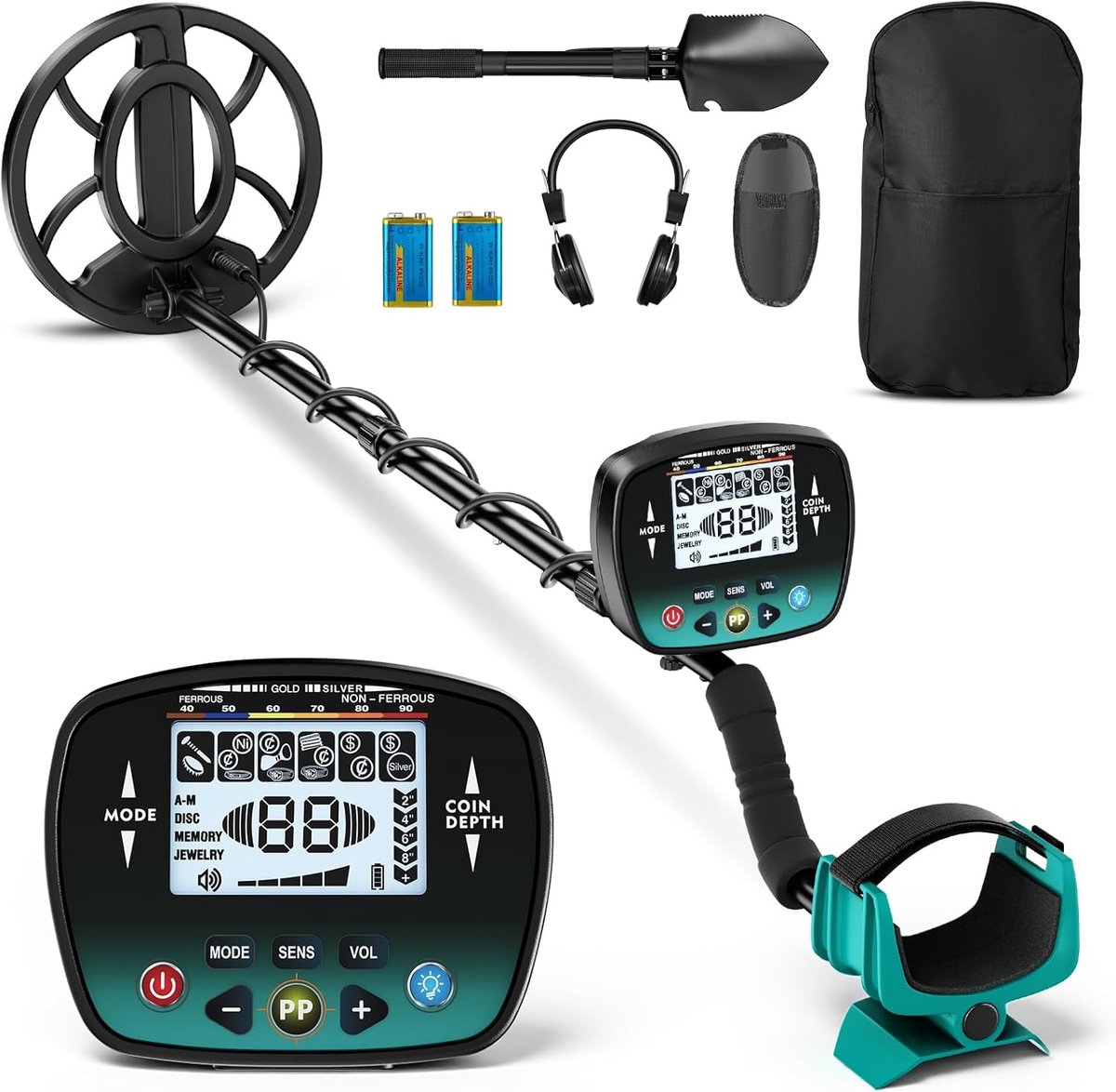 metaaldetector, metaaldetector voor volwassenen en kinderen, met pinpoint metaaldetectoren, 5 modi, IP68 waterdicht, zoekspoel, gouddetectorset met hoofdtelefoon, graafmachine en