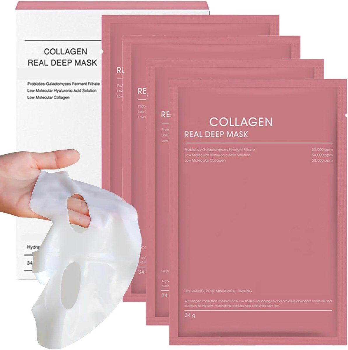 4 stuks biologisch collageen masker, biologisch collageen Real Deep masker, collageenmasker, collageenmasker, overnight, hydraterend overnachtmasker, diepe hydratatie, vermindert fijne lijntjes