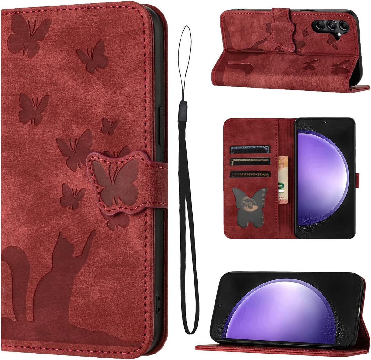 Beschermhoesje voor Samsung S23 FE voor Samsung Galaxy S23 FE, materiaal van PU-leer, premium hoes S23 FE met kaartsleuven, kat, vlinder cover, rood