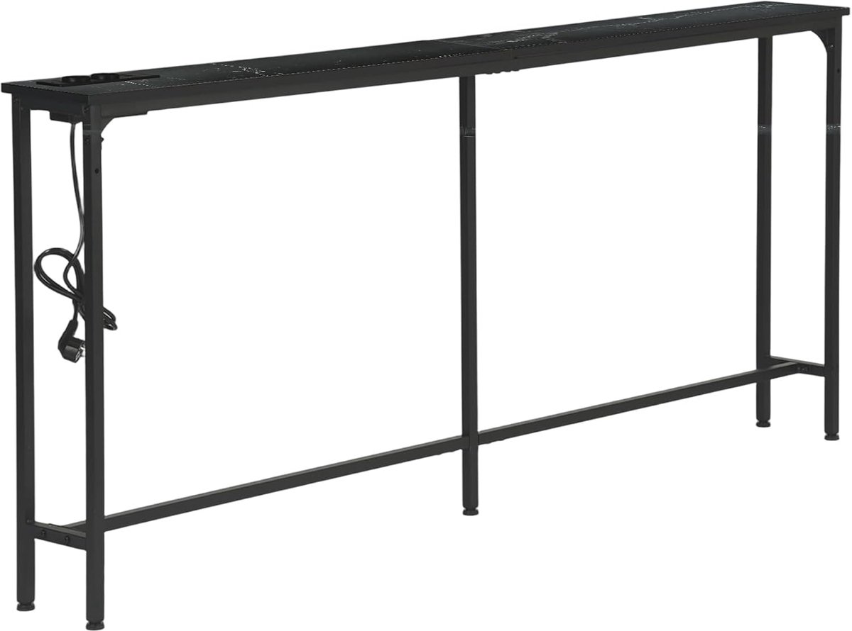 Consoletafel met 180 cm, 2 stopcontacten en 2 USB-aansluitingen, Smal ingangstafel in industriële stijl, Meubel achter de bank voor woonkamer, ingang, gang, hal, faux-marmer uitstraling
