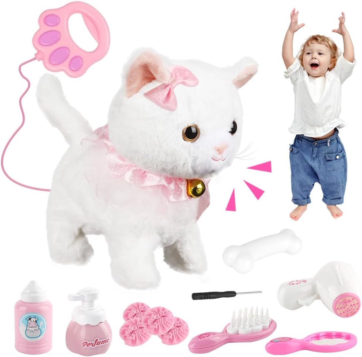 Pluche Knuffel, Elektronisch Huisdier, Elektrische Speelgoedkat voor Kinderen, Pluche Kat, kan Lopen, Blaffen en met de Staart Kwispelen, Cadeau voor Jongens en Meisjes