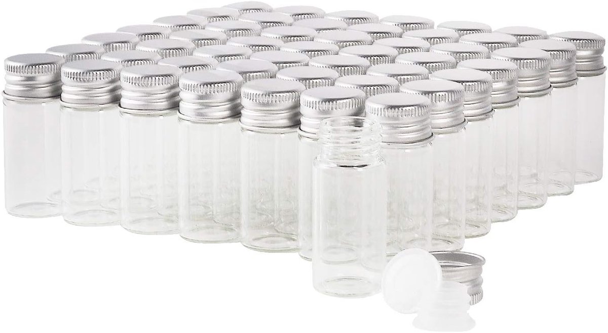10 ml glazen flesjes met schroefdop en kunststof stop, transparant, kleine glazen flessen, lekvrije glazen flesjes voor vloeistof, poeder, monsters en kleine voorwerpen, 50 stuks