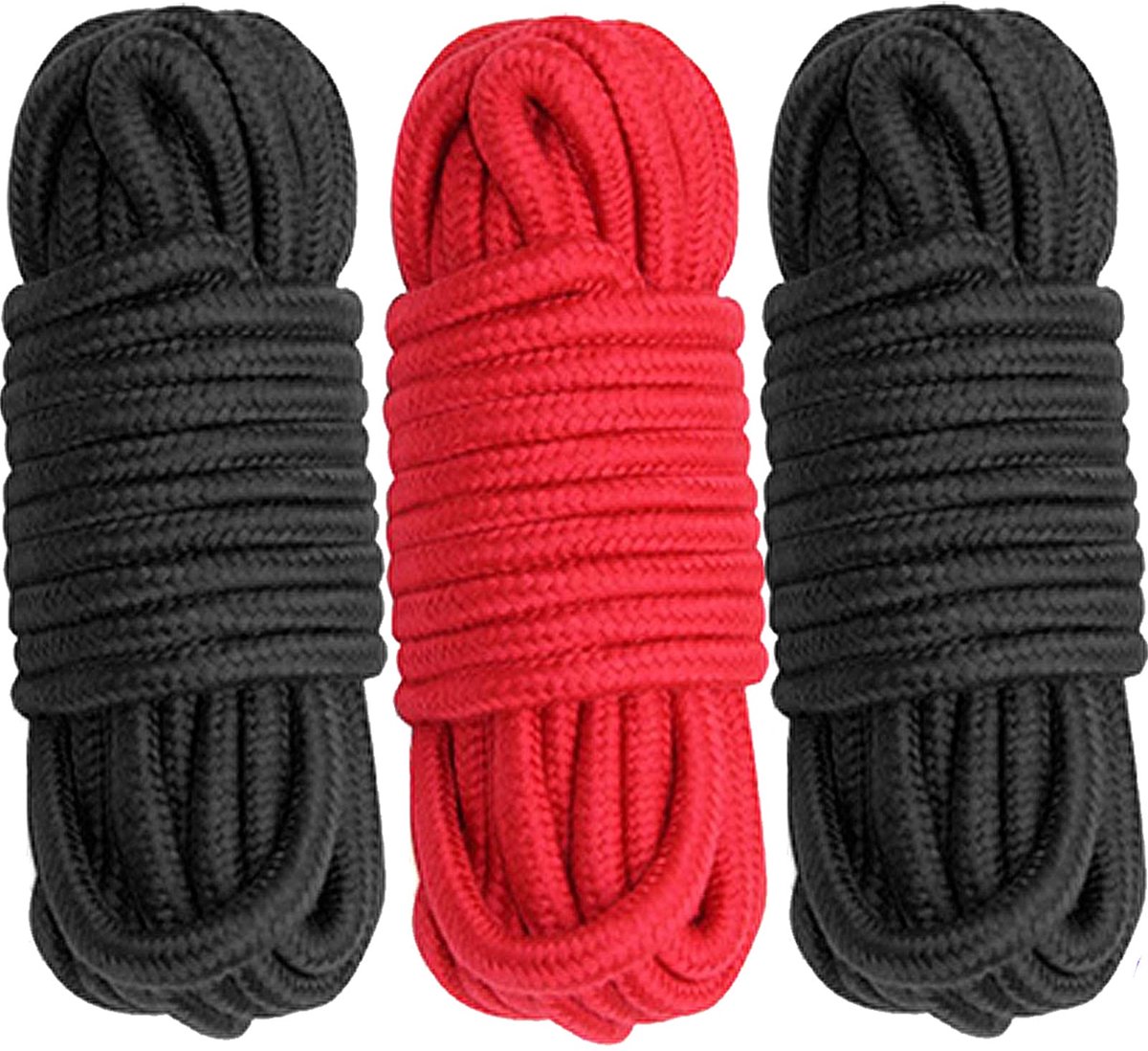 Katoenen touw bindtouw voor alle doeleinden dik katoen gedraaide knoop bindende touw, 8 mm diameter, 10 m lang, pak van 3, 1 rood 2 zwart