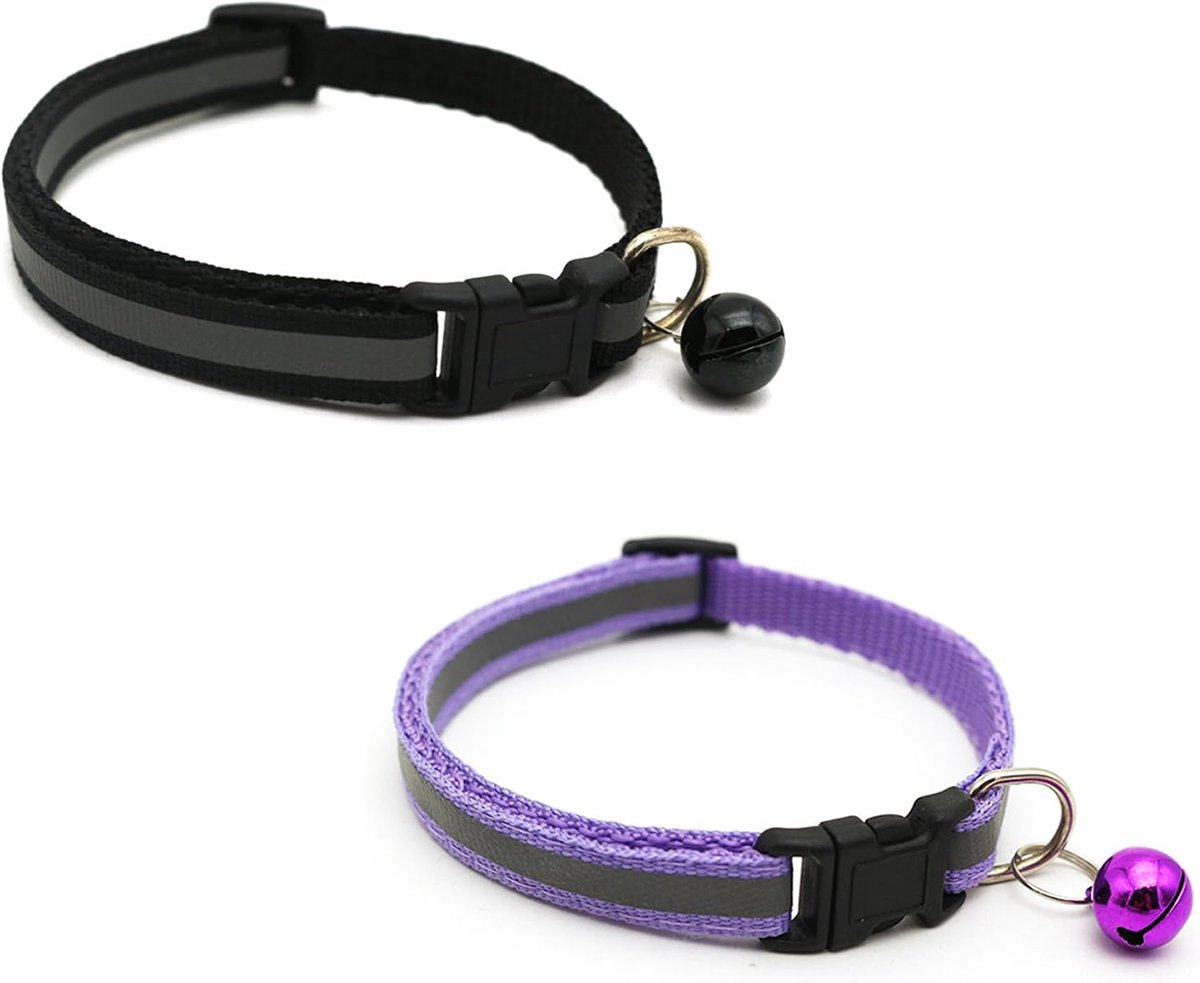 2 Stuks Leuke Reflecterende Katten Halsband met Bells - BlackPurple