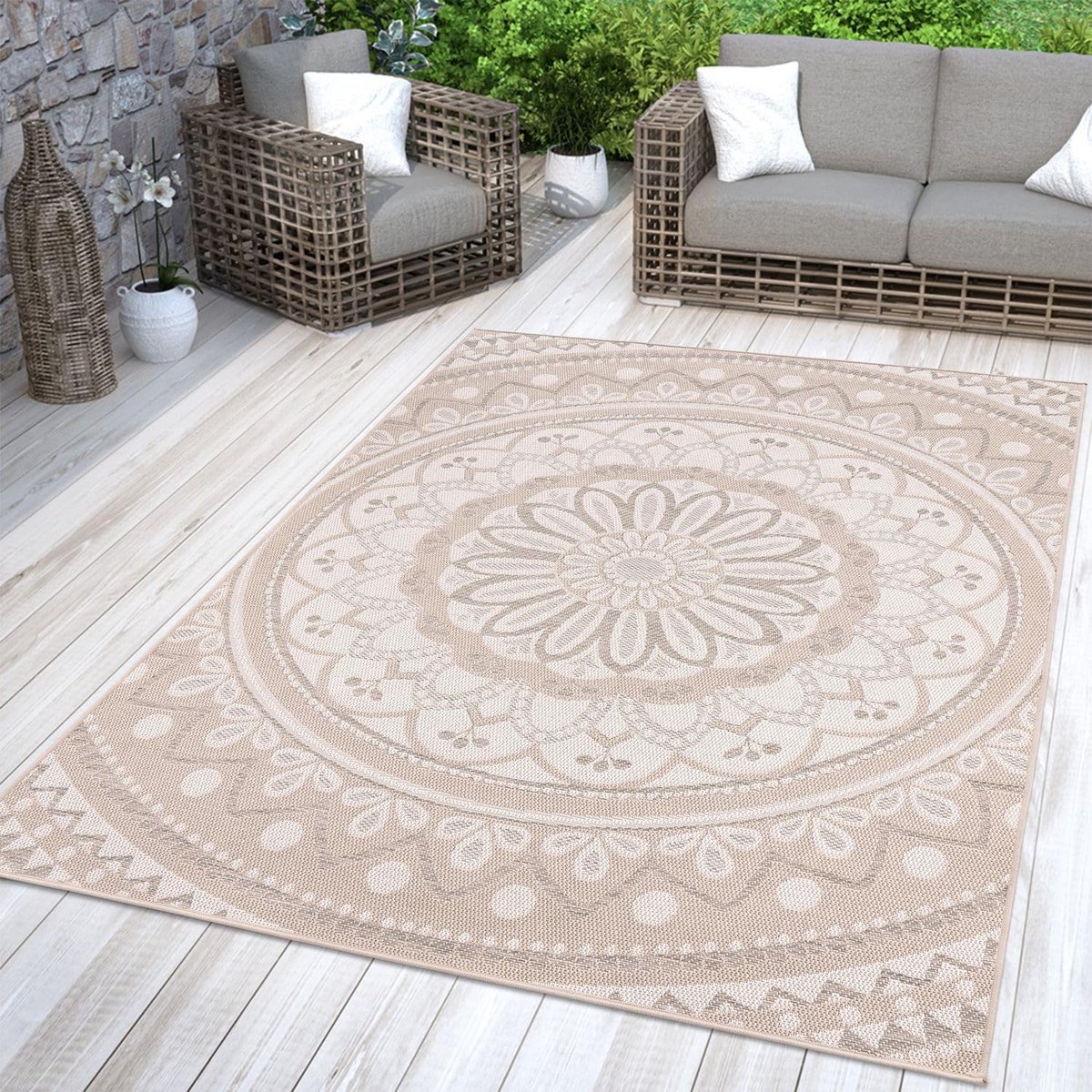 Home Tuin Vloerkleed Binnen En Buiten Keuken Oosters Vloerkleed Marokkaans Patroon, Kleur:Beige Wit Zand, Maat:240x340 cm