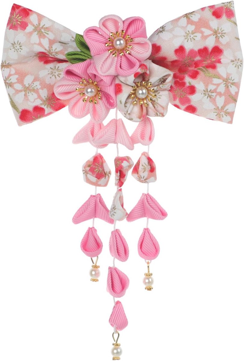 Kimono haarspeld strik dames meisjes, handgemaakte Kanzashi haarspeld met bloemen en parels, traditionele haarclip voor Yukata Hanfu Geisha cosplay festival