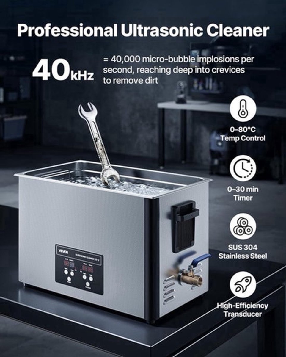 Ultrasone Reiniger – Ultrasoon Reinigingsapparaat – Sieradenreiniger – Industriële Reinigingsmachine – Digitale Ultrasoonreiniger – 30 Liter Inhoud – 40kHz & 480W Vermogen