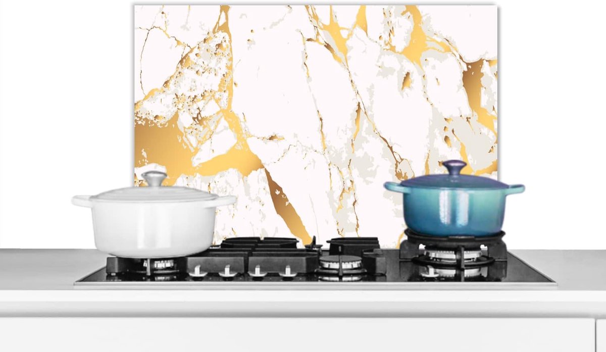 Spatscherm Keuken - 70x50 cm - Marmer - Goud - Wit - Chic