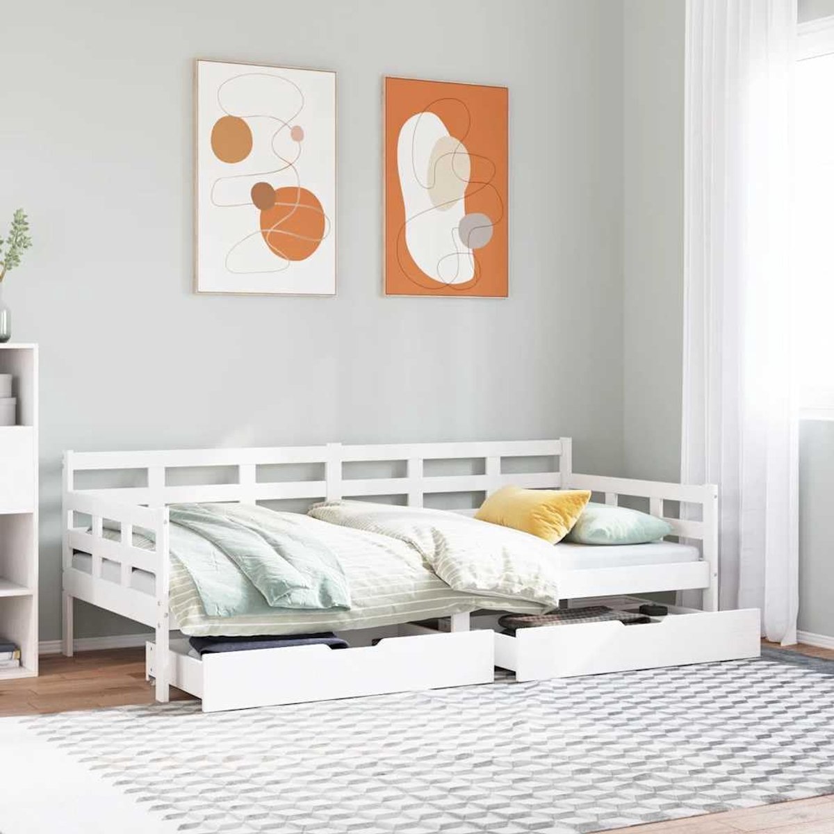 Massief grenenhout 2 in 1 met lades 3 zijdig bedhek wit 80x200 cm