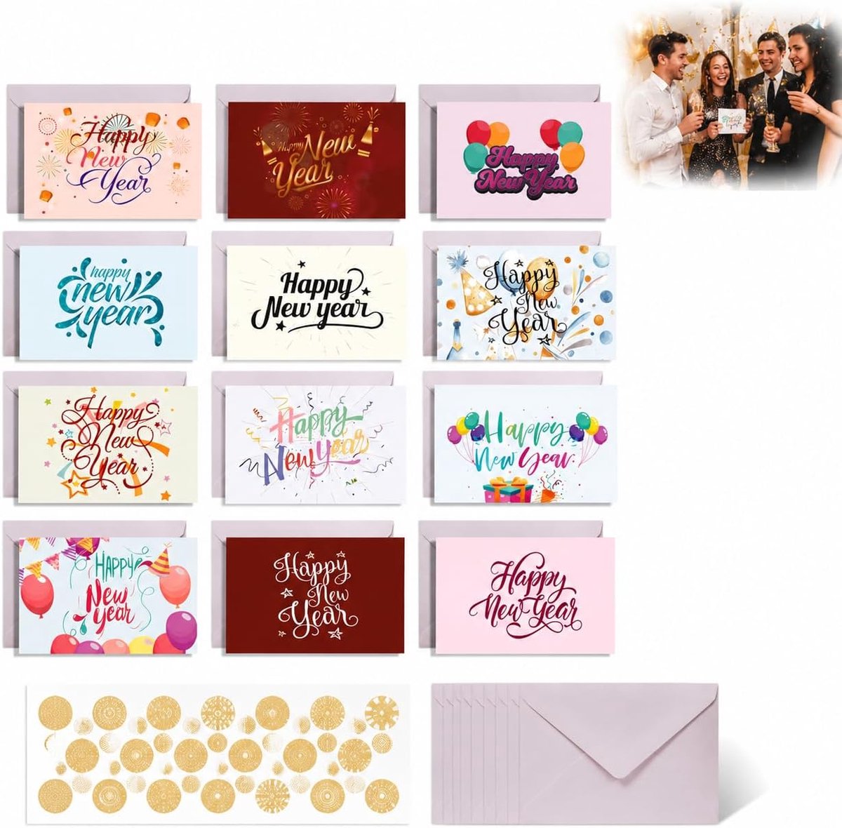 Set van 12 met Enveloppen en Stickers, Wenskaarten Gelukkig Nieuwjaar met Verschillende Vuurwerkontwerpen voor Familie, Vrienden en Collega's