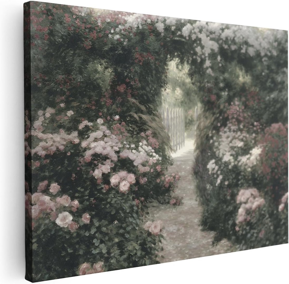 Canvas Schilderij Rozentuin - 80x60 cm - Romantische Wanddecoratie Bloemen - Muurdecoratie Tuinpoort - Decoratie Natuur Roze