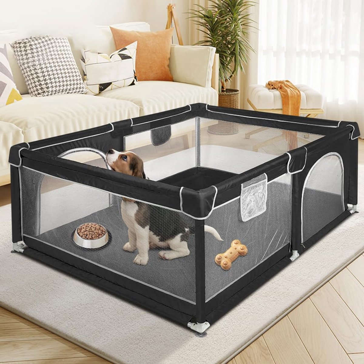 Puppybox met deur, box voor puppy's of kleine honden, robuuste omheining van dikke stof en net van nylon, hoge sterkte, machinewasbaar, binnen en buiten, 120 x 160 x 66 cm, zwart
