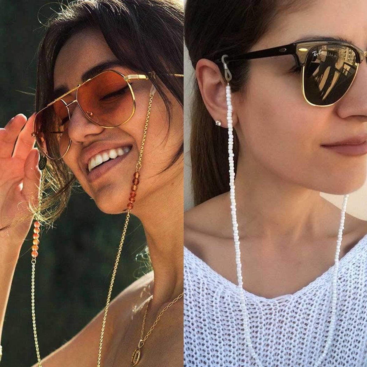 Boho zonnebrilketting, goud, Boheemse vrouwen, brilketting, kraal, brillenaccessoires voor brillen en zonnebrillen (2 stuks)
