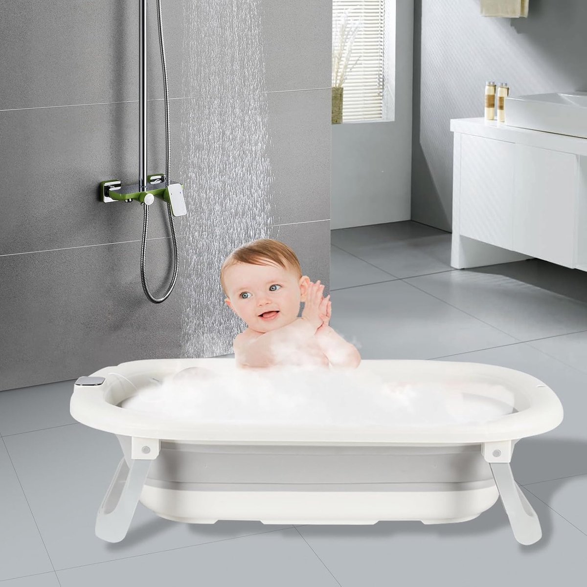 Babybad, thermaal babybad, opvouwbaar kussen, kinderbad geschikt voor pasgeborenen en peuters, badkuip met plank, 43 x 71 x 18,5 cm, grijs