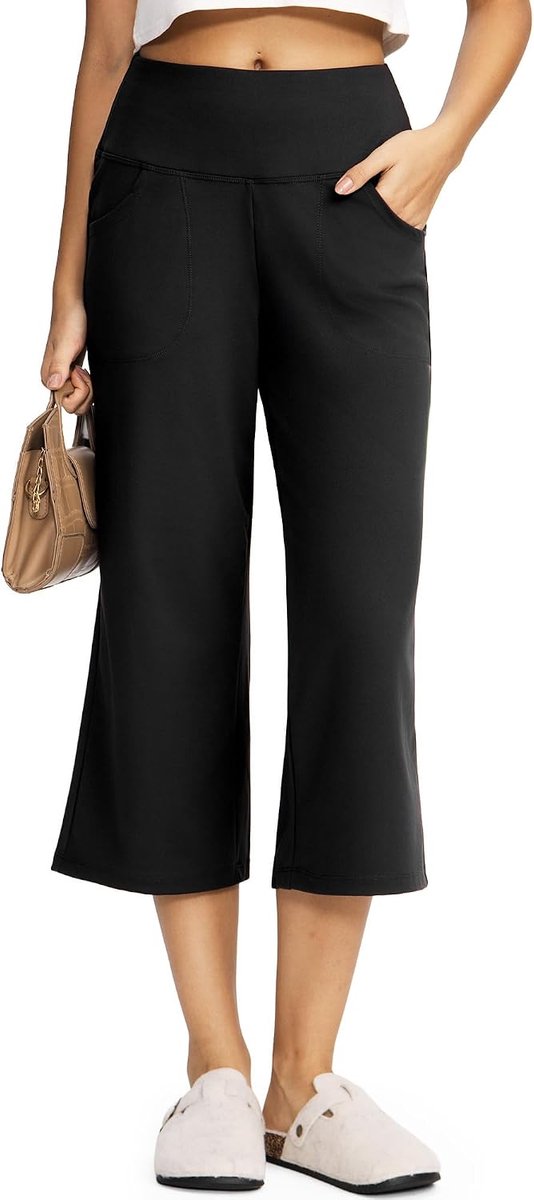 Capri Broek Dames 7/8 Yoga Broek Wijde Pijp | Hoge Taille Broek met Zakken, Lichte Wijde Sportbroek voor Yoga, Vrije Tijd, Reizen en Dagelijks Gebruik