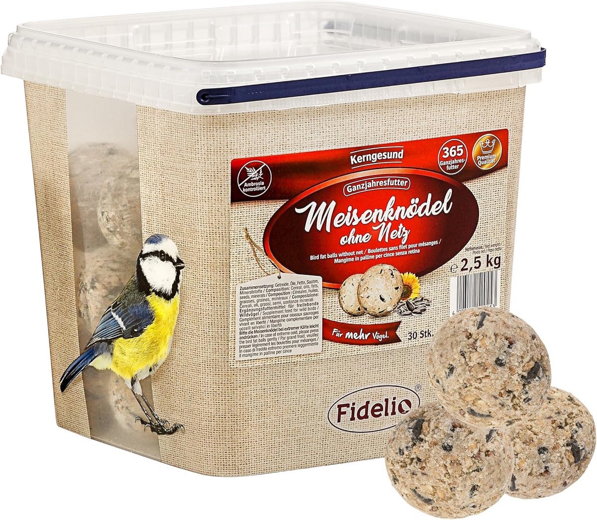 Mezenbollen voor wilde vogels, energierijk vetvoer zonder net, emmer met 30 stuks, 2,5 kg