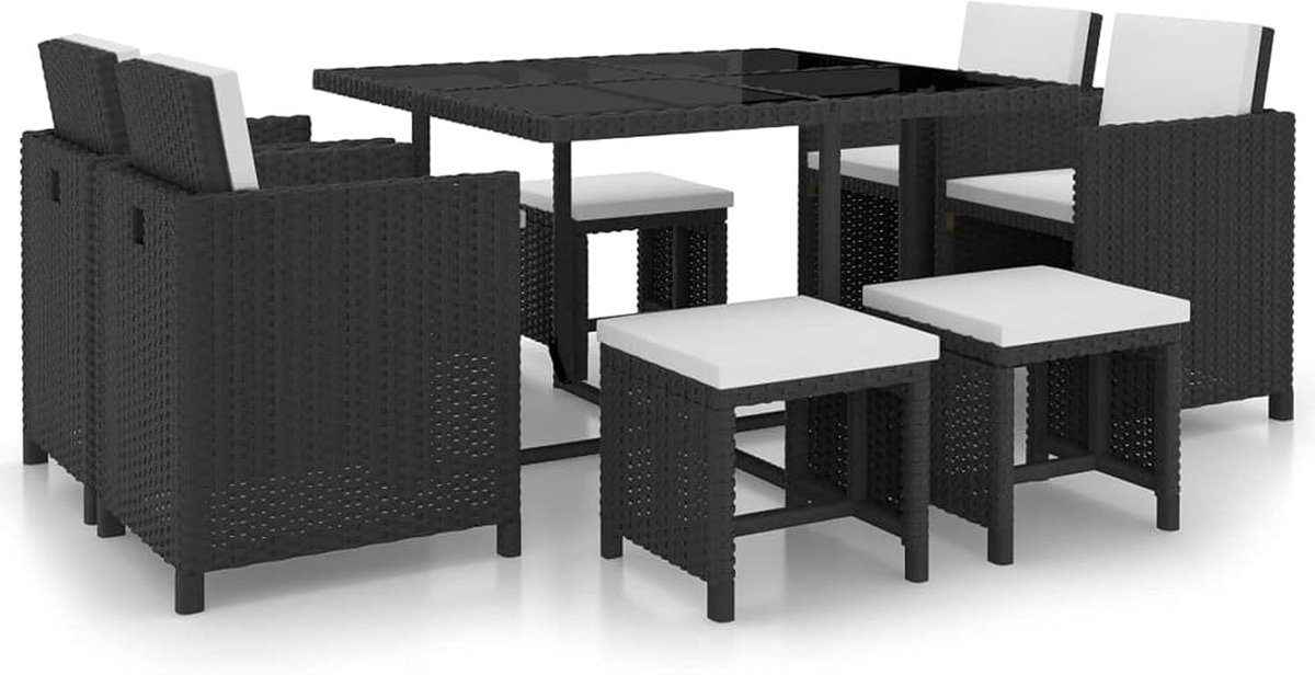 Eetset voor tuin, tuinmeubelen, tuinmeubelen, balkon, eetkamerset voor de tuin, 9-delige set met kussens van polyrotan, zwart Hr